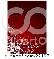 Clipart Illustration Of A Cluster Of White Circles And Red Plants In The Lower Corner Of A Deep Red Background