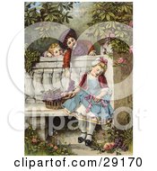 Vintage Victorian Scene Of Little Boys Flirting And Teasing A Little Girl Asleep On A Garden Bench With A Basket Of Fruit Circa 1850