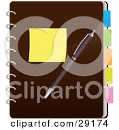 Poster, Art Print Of Yellow Sticky Note And A Pen Resting On A Closed Brown Spiral Notebook With Colorful Divider Tabs