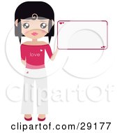 Poster, Art Print Of Black Haired Woman Dressed In White And Pink Holding Up A Blank Sign With Hearts On It