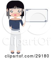 Poster, Art Print Of Black Haired Woman Dressed In White And Blue Holding Up A Blank Sign With Small Hearts On It