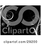 Clipart Illustration Of A Black Background With White Gray And Faint Grassy Flourishes