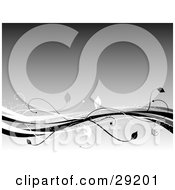 Clipart Illustration Of Waves Of Black And White With Leaves Along The Bottom Of A Gray Background