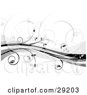 Clipart Illustration Of A Floral Background Of Gray Black And Faint Blue Vines And Waves Over White