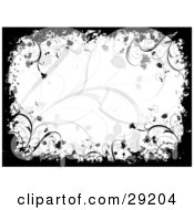 Clipart Illustration Of A White Background With Faint Plants Bordered By Black Grunge And Flowers