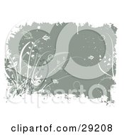 Clipart Illustration Of A Grayish Green Background Bordered By White Grunge And Grasses