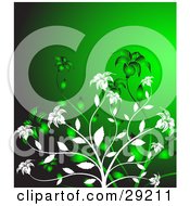 Clipart Illustration Of White And Green Flowers Blooming Over A Bright Green Background