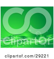 Clipart Illustration Of A Green Background With Shiny Green And White Waves With Curls And Sparkles
