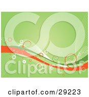 Poster, Art Print Of Green White And Orange Waves With Curls And Circles Over A Green Background