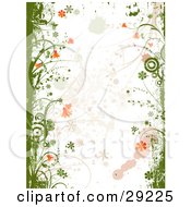 Clipart Illustration Of Green Grunge And Circles With Grasses And Orange Flowers On The Sides Of A Grunge White Background With Splatters