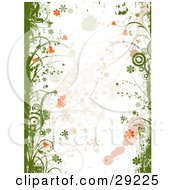 Poster, Art Print Of Green Grunge And Circles With Grasses And Orange Flowers On The Sides Of A Grunge White Background With Splatters