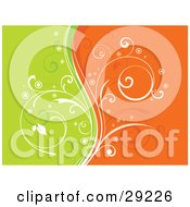 Clipart Illustration Of A White Curly Vine Dividing A Background Of Orange And Green by KJ Pargeter