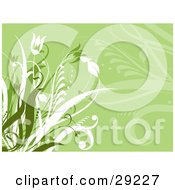 Clipart Illustration Of A Light Green Background With Green And White Grasses And Flowers