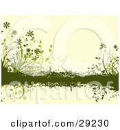 Green Grasses And Flowers Growing On A Grunge Bar Across A Pale Yellow Background