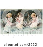 Vintage Victorian Scene Of Three Little Girls Sitting On A Fallen Tree And Making A Garland Of The Pink Spring Blossoms Circa 1890