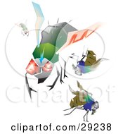 Clipart Illustration Of A Set Of Hairy Green And Blue House Flies With Big Eyes Flying