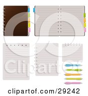 Clipart Illustration Of A Set Of Spiral Notebooks With Colored Tabs And Lined Pages With Colorful Pens by Melisende Vector