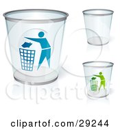 Set Of Three Clear Trash Cans Two With Blue And Green People Tossing Garbage