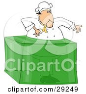 Poster, Art Print Of Male Chef Stuck In A Giant Block Of Lime Gelatin Dessert