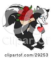 Clipart Illustration Of A Sweet Skunk With A Red Heart On His Chest Smiling And Holding A Bouquet Of Red Roses Behind His Back by LaffToon