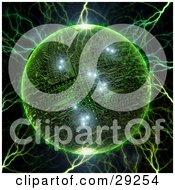 Electricity Striking A Green Circuit Board Planet With Bright Lights