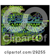 Blue And Green Circuit Board Over A Black Background