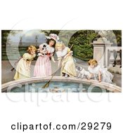 Poster, Art Print Of Vintage Victorian Scene Of Four Little Girls With Their Dogs Fishing Goldfish Out Of A Pnd In A Park Circa 1880