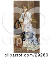 Poster, Art Print Of Vintage Victorian Scene Of A Young Lady In A Beautiful Dress Resting Her Arms On A Chair And Looking Off To The Right Circa 1870