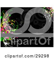 Clipart Illustration Of A Black And White Diagonal Lined Text Bar Over A Black Background With Faded Grunge Spots Circles And Pink Yellow And Green Circles And Flourishes