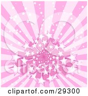Poster, Art Print Of Burst Of White Stars Over A Pink Background With Sparkling White Stars