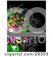 Poster, Art Print Of Black And White Diagonal Lined Text Bar Over A Flourish Of White Green Yellow And Pink Circles And Grasses On A White Background