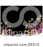 Clipart Illustration Of White Yellow And Pink Flowering Plants And Grasses Over White Grunge Against A Black Background