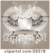 Clipart Illustration Of A Shiny Winged Shield With A Blank Banner On A Bursting Brown Background With White Vines