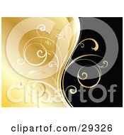 Clipart Illustration Of Golden And White Curling Vines Dividing A Background Of Gold And Black