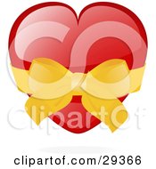 Poster, Art Print Of Shiny Red Heart Wrapped In A Golden Bow And Ribbon