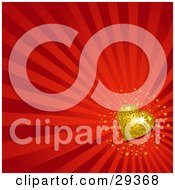 Poster, Art Print Of Sparkling Gold Disco Heart On A Background Of Red Bursts