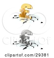 Poster, Art Print Of Gold And Silver Pound Sterling Currency Signs Crashing Down Into A White Surface With Black Cracks