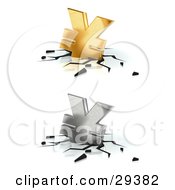 Poster, Art Print Of Gold And Silver Yen Currency Signs Crashing Down Into A White Surface With Black Cracks