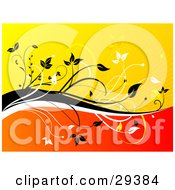 Poster, Art Print Of Black And White Vines Dividing A Yellow Bursting Background From A Gradient Orange And Red Background