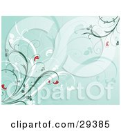 Clipart Illustration Of Red Flowers Growing On Green And White Plants Over A Green Background