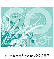 Clipart Illustration Of Green White And Faded Plants With Sparkles Over A Light Green Background