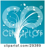 Clipart Illustration Of A White Plant With Blooming Flowers On A Blue Background
