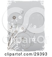 Clipart Illustration Of Brown And White Flowering Plants With Butterflies And Grasses Over A Gray Background Bordered By White Grunge