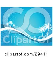 Clipart Illustration Of White Silhouetted Palm Trees On Waves Of Blue And White Under A Faded Sun On A Blue Background