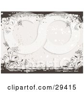 Clipart Illustration Of An Off White Background With Grunge Splatters Bordered By Brown Grunge And Flowering Plants In The Corners