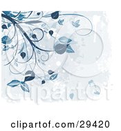 Poster, Art Print Of Dark Blue And White Leafy Plants Hanging Down Over A Gradient Grunge Background Of Splatters And Drips