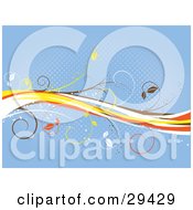 Clipart Illustration Of White Yellow Orange And Brown Waves And Vines Over A Blue Background With A Dot Pattern