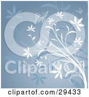 Clipart Illustration Of Butterflies With White And Blue Flowering Plants Over A Gradient Background