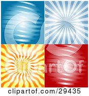 Poster, Art Print Of Set Of Four Blue Red And Orange Abstract Backgrounds Of Waves And Rays Of Light