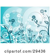 Clipart Illustration Of Flowering Plants In White And Blue Over A Blue Background With A Bright Light